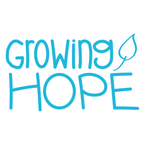 Logo - Blue text reading Growing Hope with a blue leaf